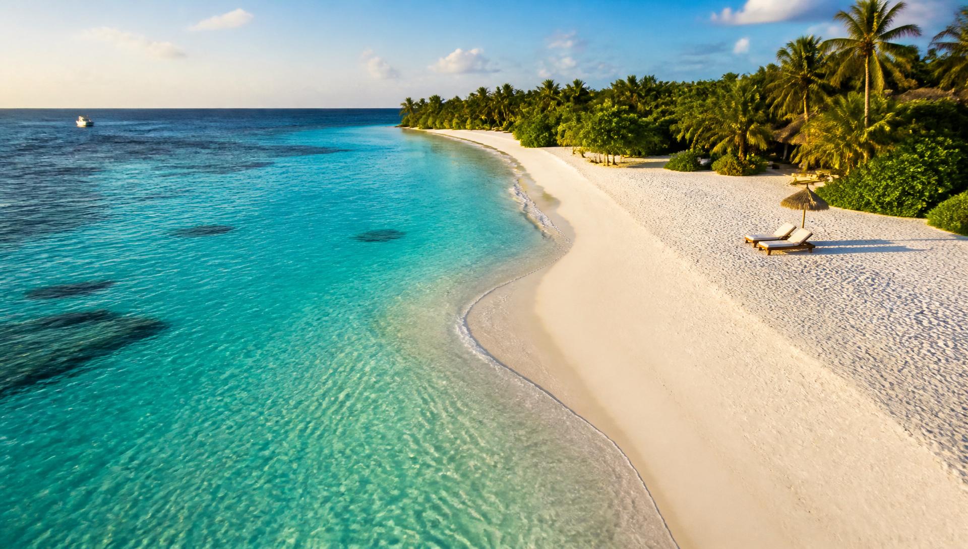 Aerial view of a white sand beach and turquoise water in the Maldives