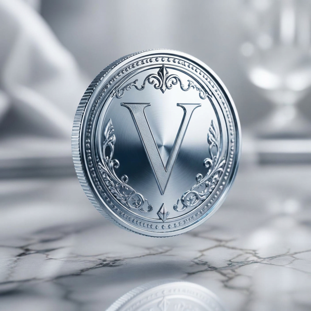 A polished reflective silver VEYA Loyalty Coin engraved with the letter V
