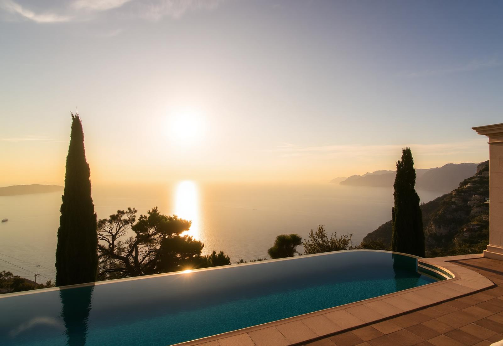 Golden-hour view over the Amalfi coast from a private terrace